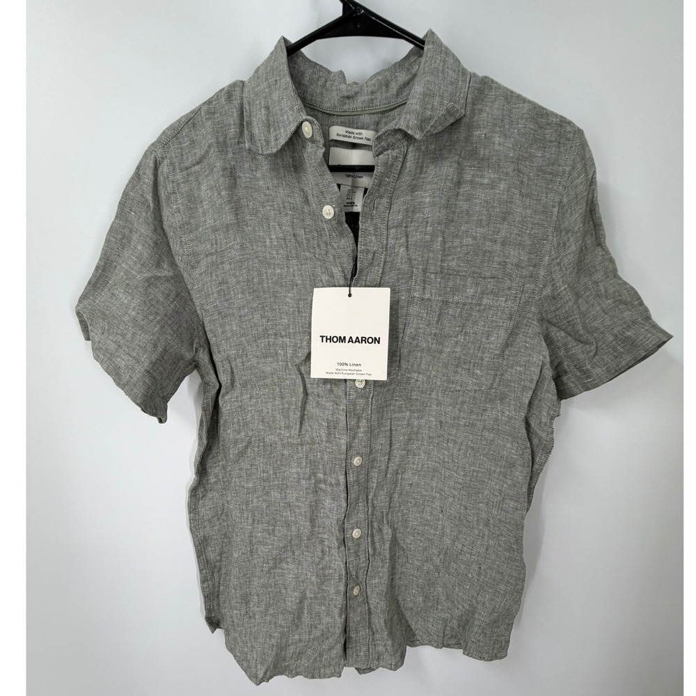 NWT Thom Aaron Mens S Linen Flax Short Sleeve Button Down Shirt Gray Casual